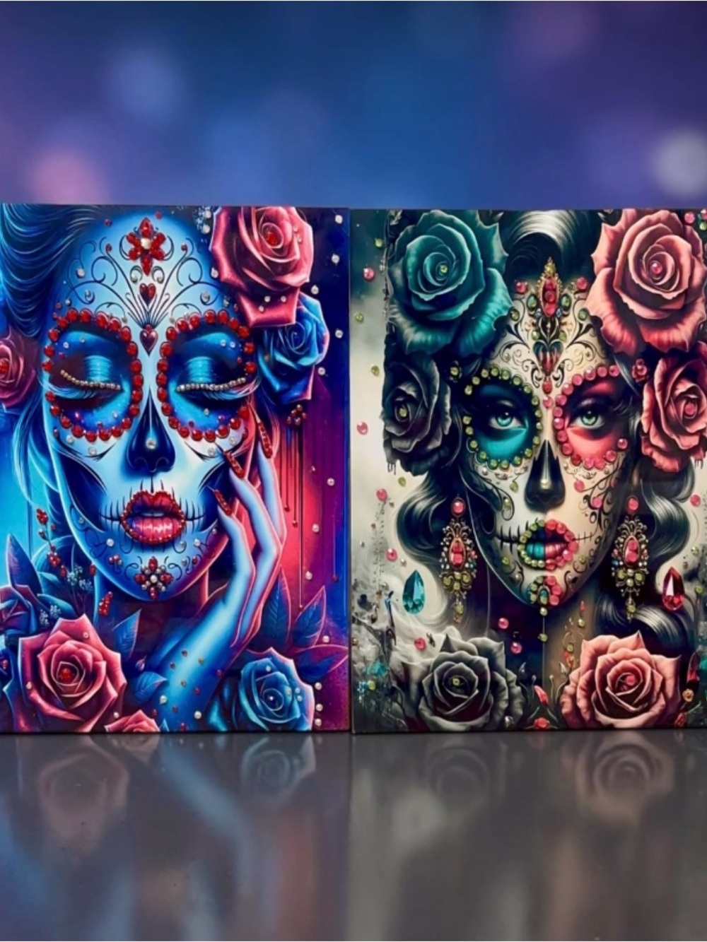 Day of the Dead Sugar Skull Metal 6”x8” Art Prints - Blue & Teal/Rose Panels set